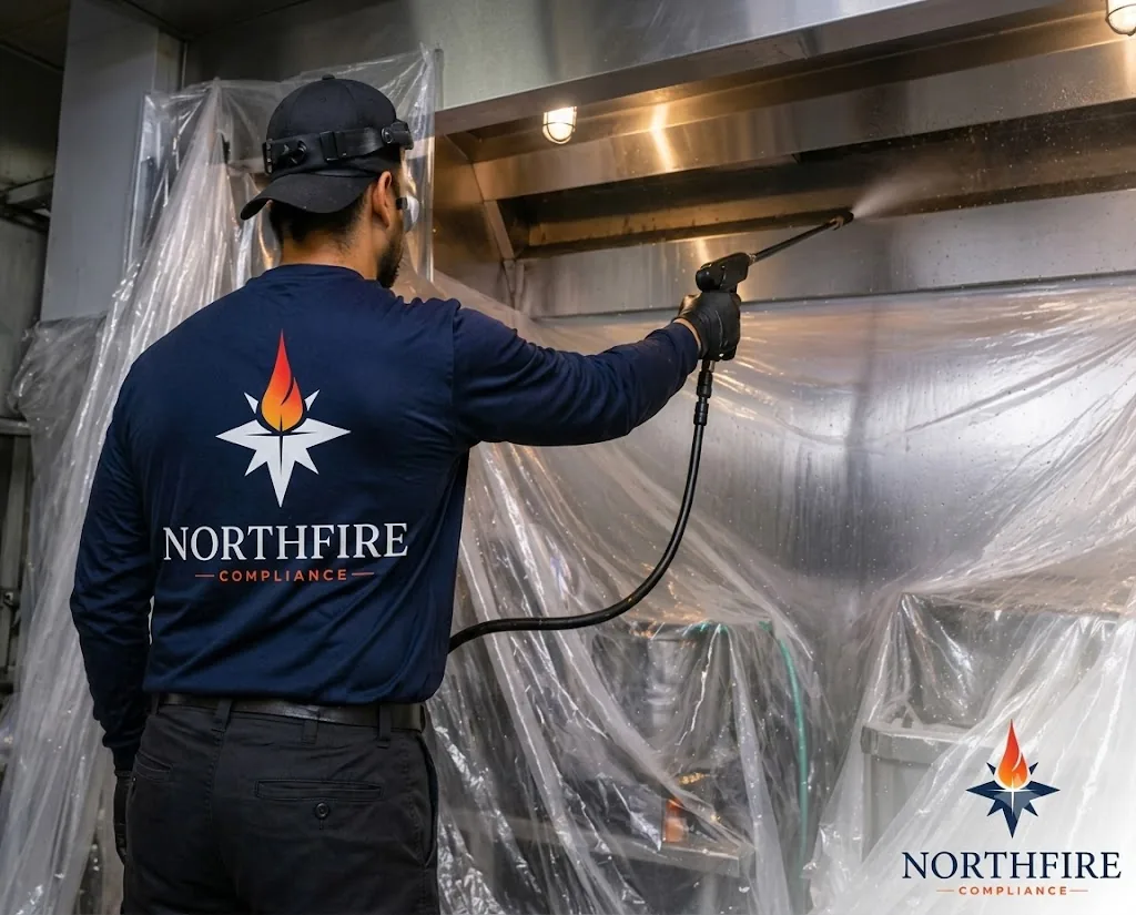 Technician performing commercial kitchen hood cleaning
