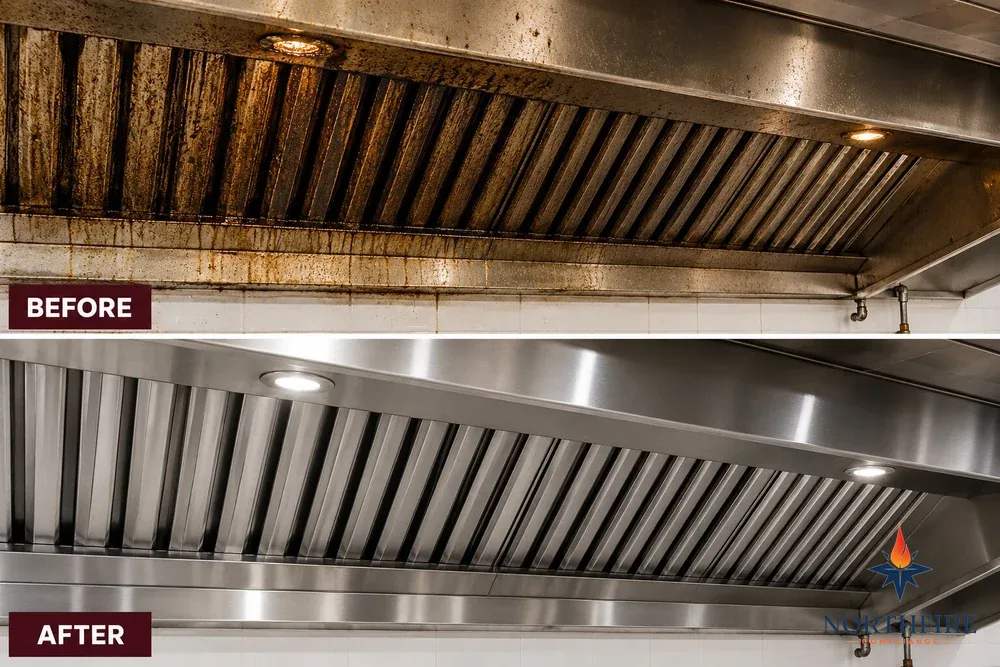 Commercial kitchen hood interior before and after cleaning, side by side