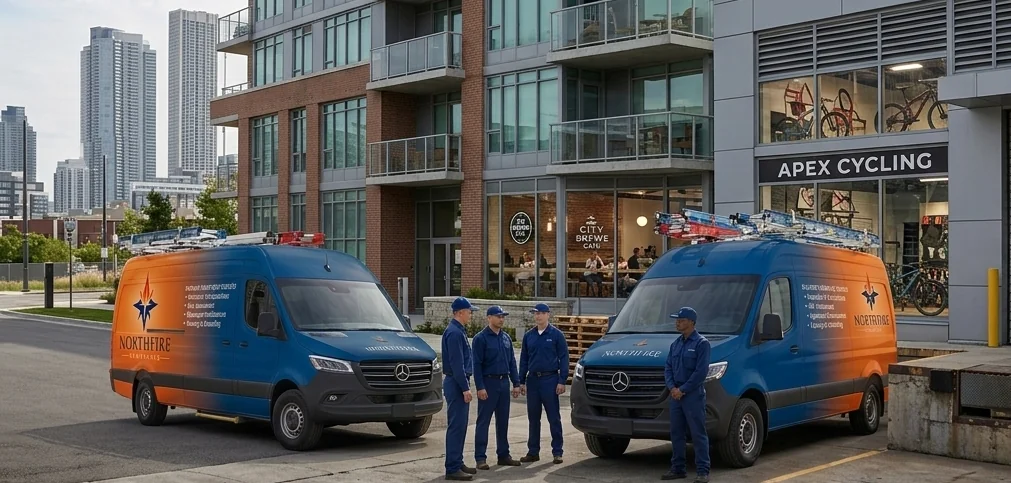 Two branded Northfire Compliance service vans parked with the crew standing in front