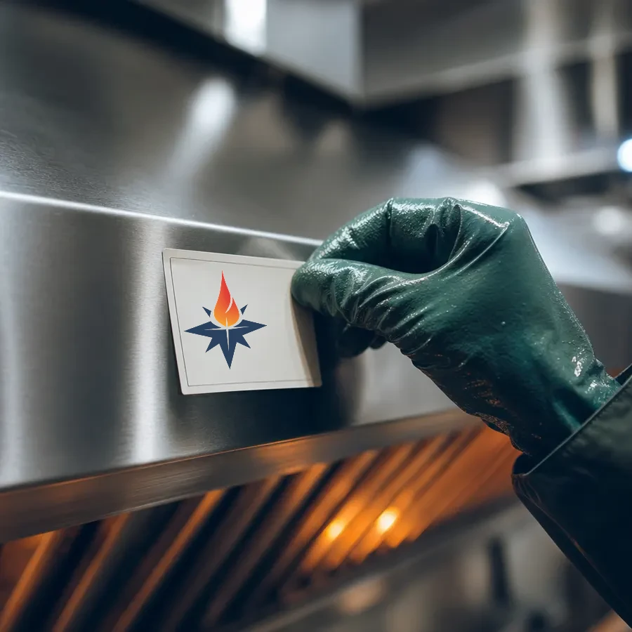 Technician applying a Northfire Compliance placard to a stainless commercial kitchen hood