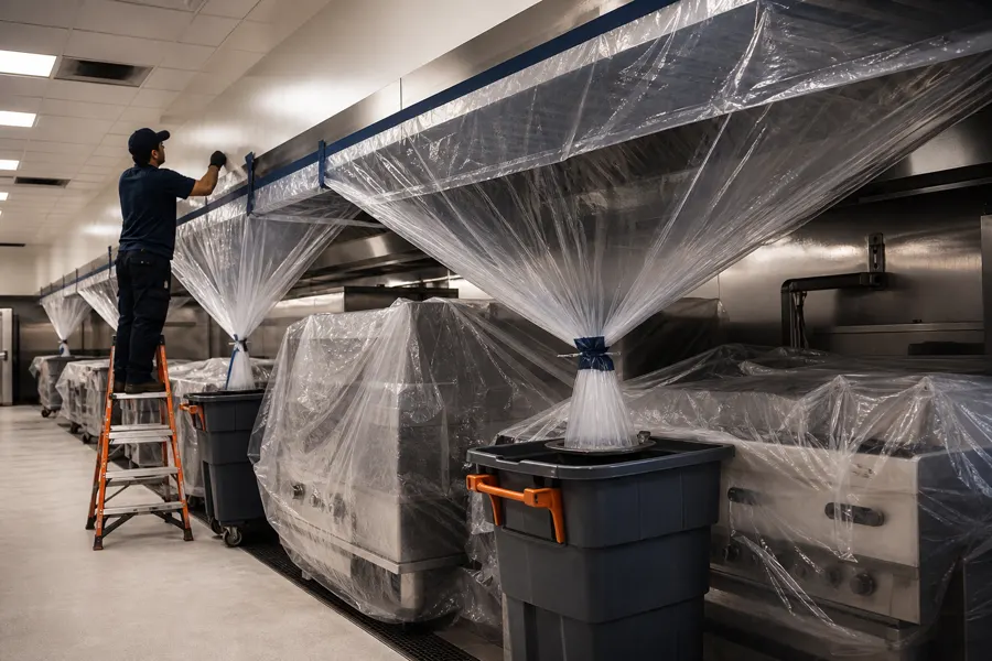 Technician setting up plastic containment sheeting during a kitchen equipment service visit