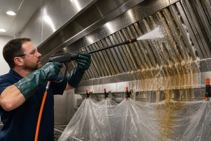 Technician pressure-washing hood baffle filters, grease runoff draining into containment below