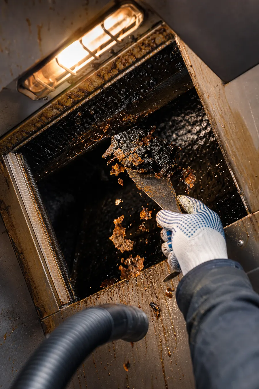 Gloved hand scraping heavy grease buildup from a duct interior down to bare metal